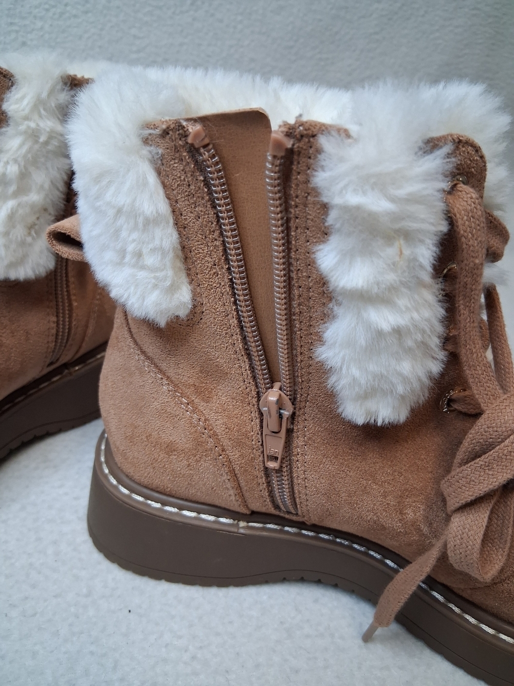 Madden Nyc Women's Tan Faux-Suede Lace-Up Fur-Trim Ankle Boots - Picture 7 of 9